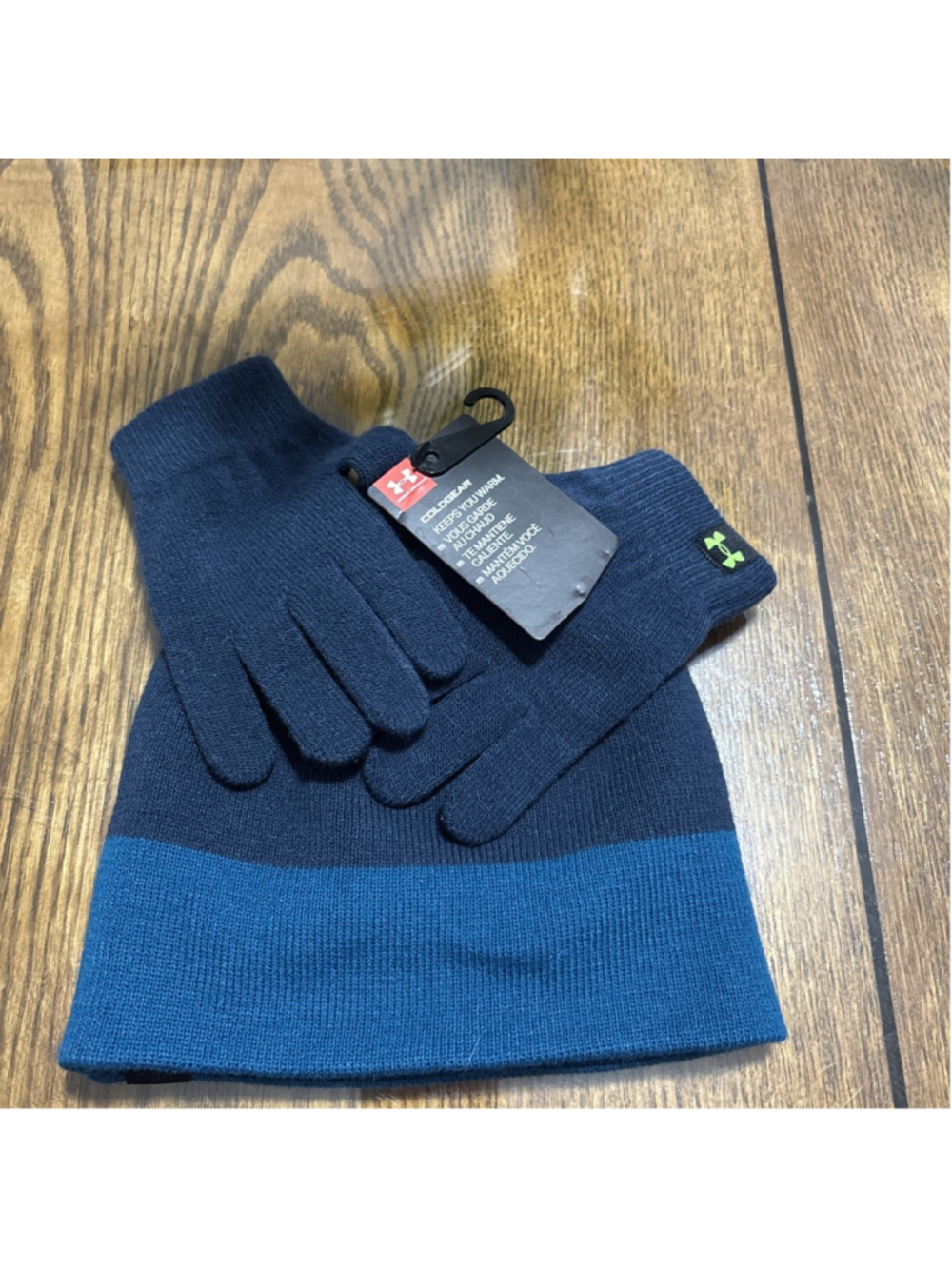 Under Armour Boys Youth Coldgear Cuff Knit Beanie Hat Gloves Set Green/Blue NWT